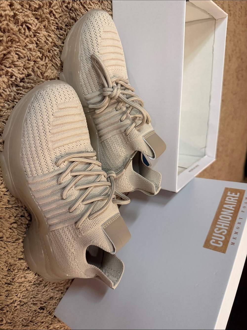 Cushionaire Knit Lace-Up Sneakers in Beige Memory Foam